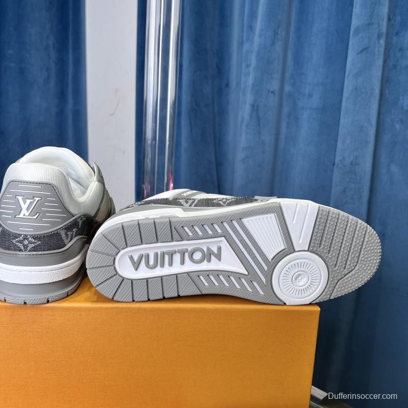 2025 Unisex Louis Vuitton Grey White Canvas Leather Sneakers