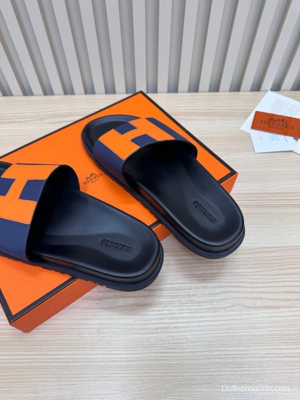 2025 Slippers Hermès Orange Navy Leather Slippers