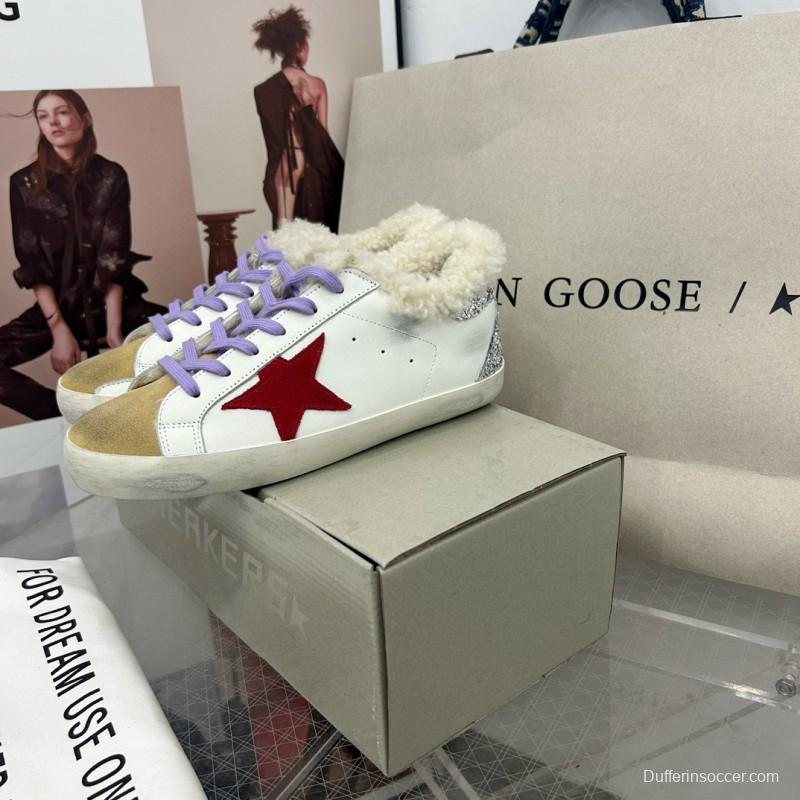 2025 Women GGDB White Red Shearling Leather Sneakers