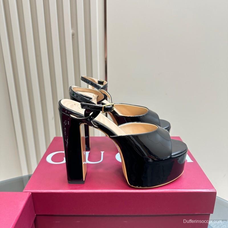 2025 Women Gucci Black Patent Leather Platform Sandals