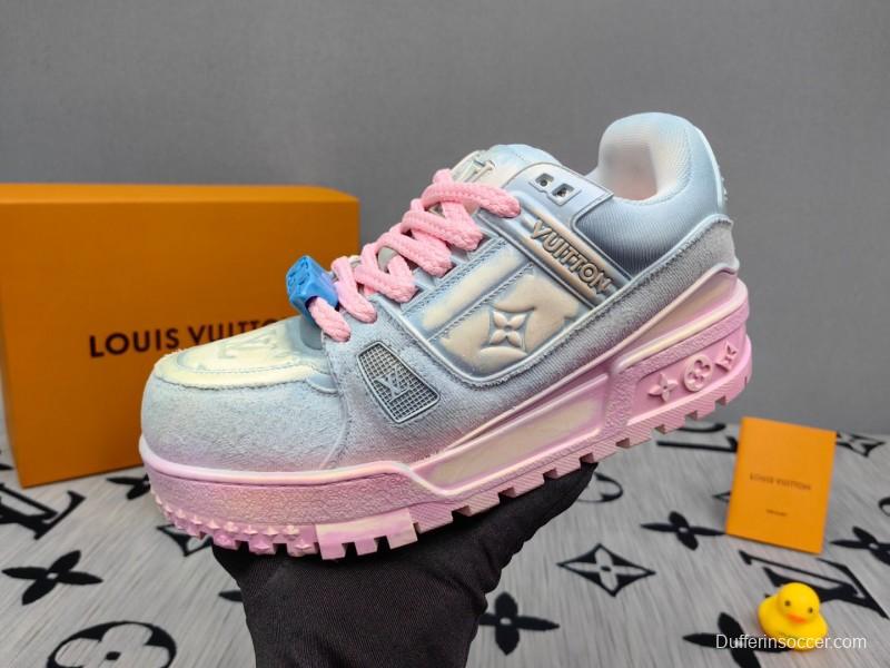 2025 Unisex Louis Vuitton Pink Grey Denim Sneakers KFY00510