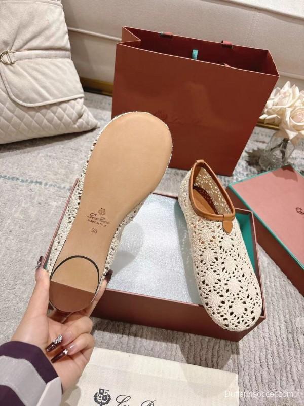 2025 Women LP Beige Brown Leather Crochet Ballet Flats