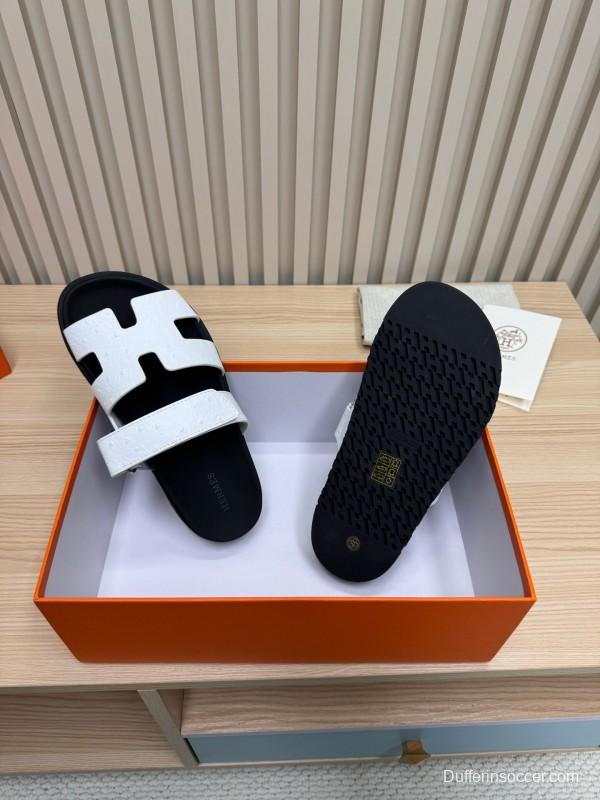 2025 Slippers Hermès Black White Leather Slippers