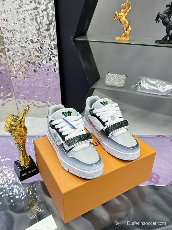 2024 Unisex Louis Vuitton Green White Leather Fabric Plimsolls Waxed Distressed Washed MJ00500