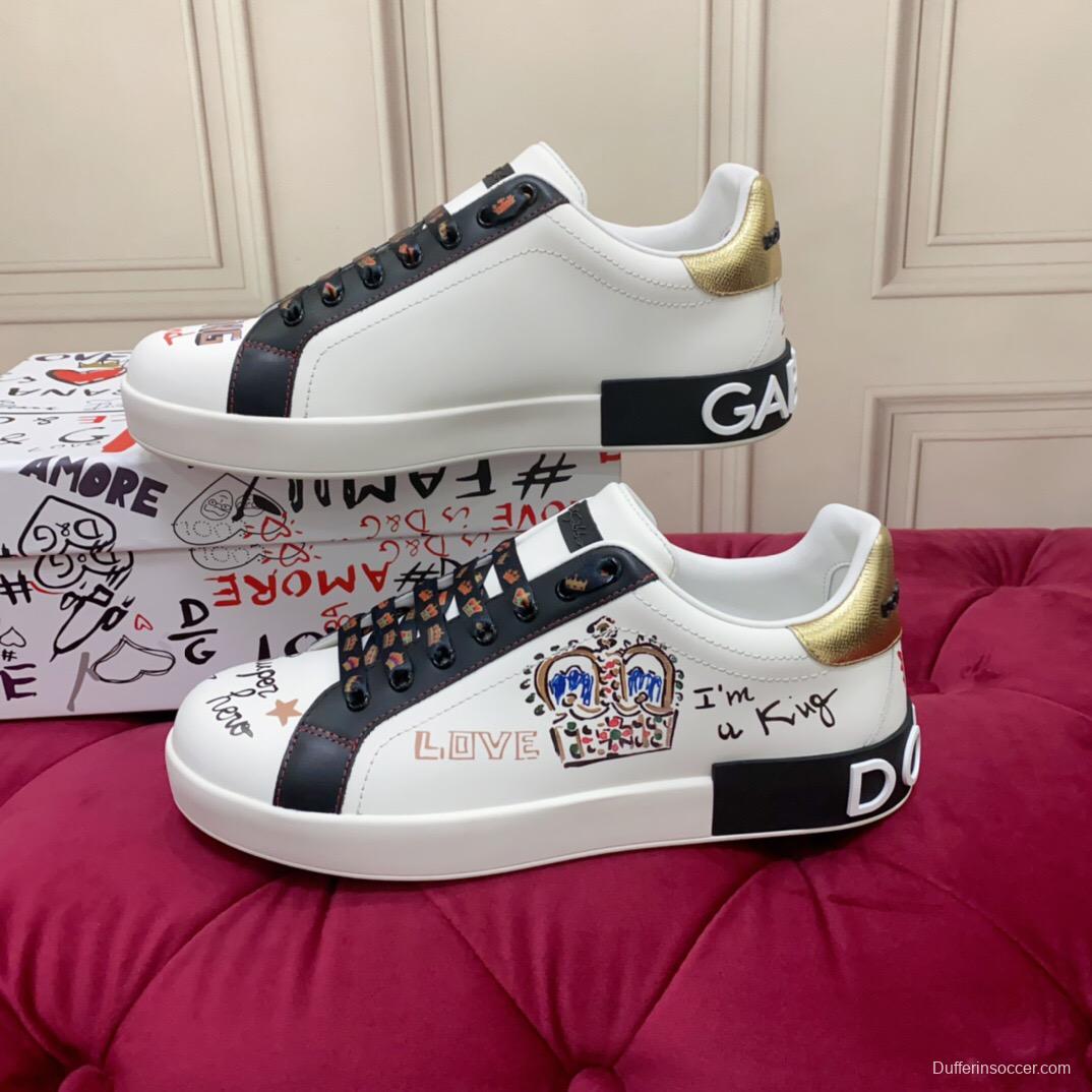 2025 Unisex Dolce & Gabbana White Black Gold Leather Sneakers Embroidered LY00340(F)/LY00360(M)