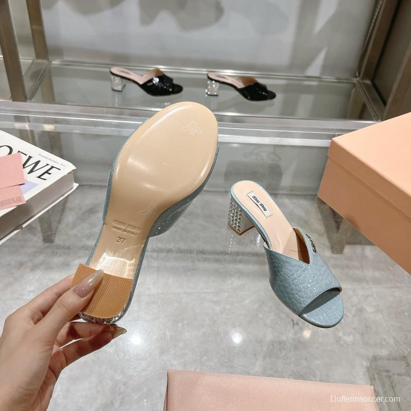 2025 Women Miu Miu Light Blue Leather Mules