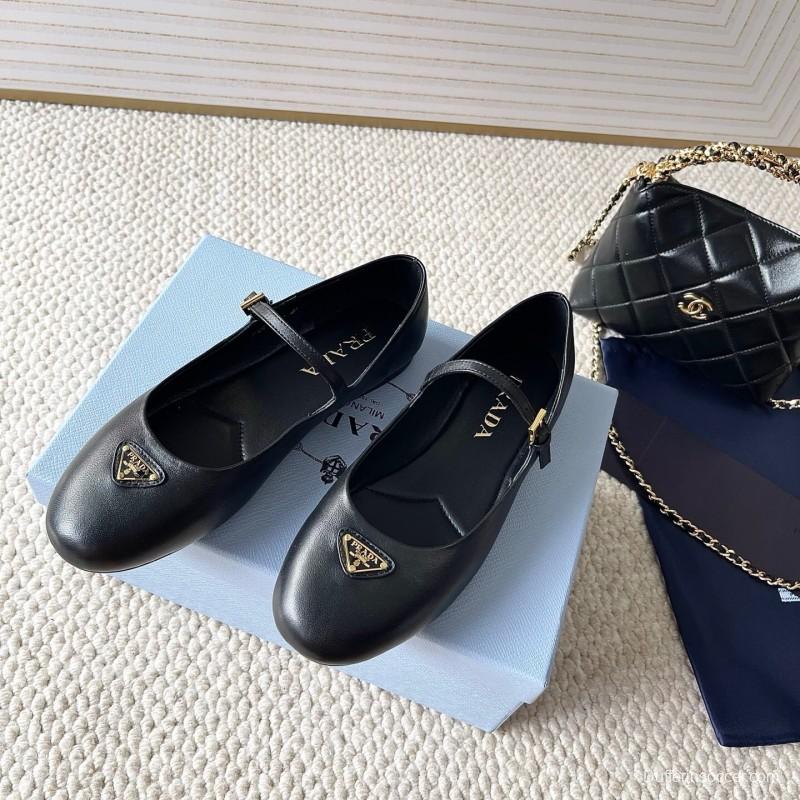 2025 Women Prada Black Leather Mary Jane Flat