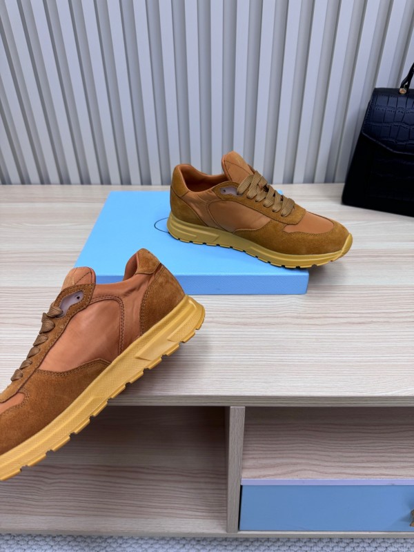 2025 Women Prada Brown Suede Nylon Sneakers LY00300