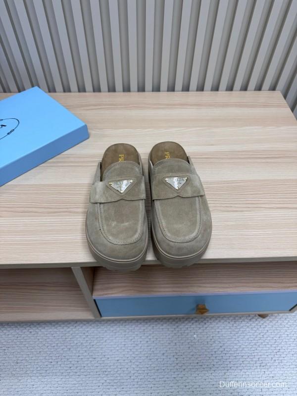 2025 Women Prada Khaki Suede Platform Loafers
