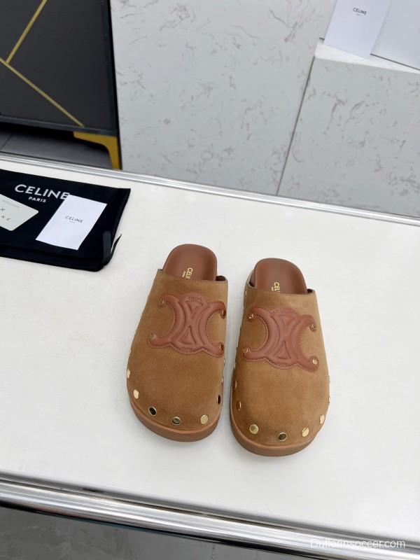2025 Slippers Celine Brown Suede Leather Slippers LY00240