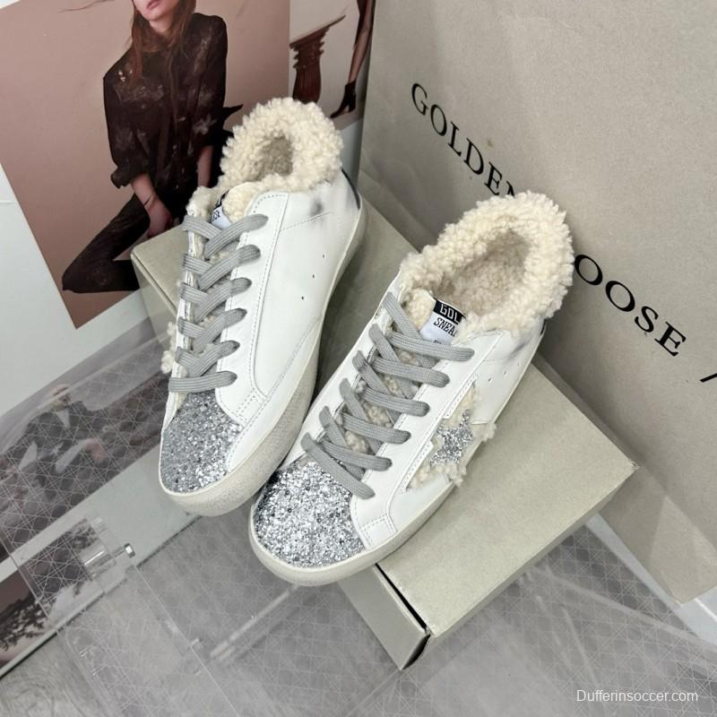 2025 Women GGDB White Gray Shearling Leather Sneakers