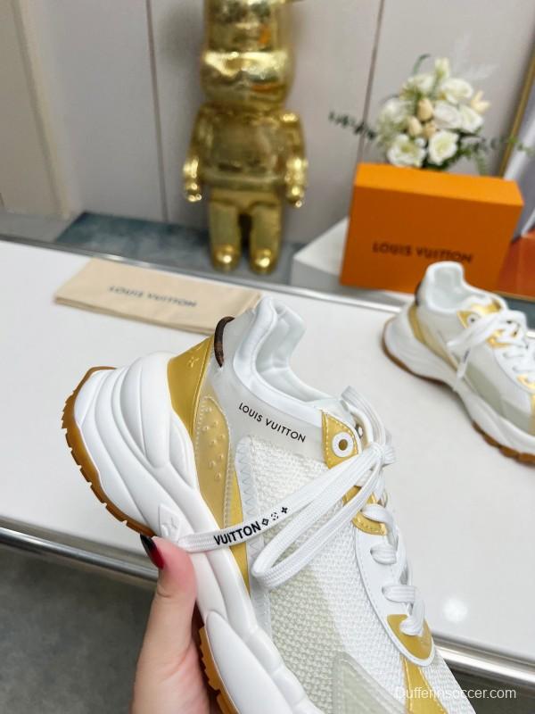 2025 Women Louis Vuitton White Gold Mesh Leather Sneakers LY00340