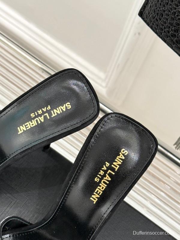 2025 Women Yves Saint Laurent Black Silver Crystal Leather Heeled Slippers LY00300