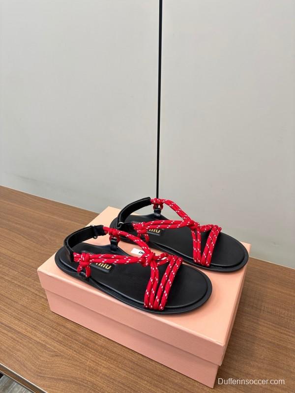 2025 Women Miu Miu Red Rope Leather Sandals LY
