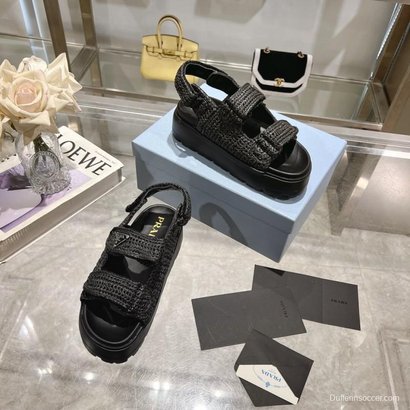 2025 Women Prada Black Woven Leather Sandals LY