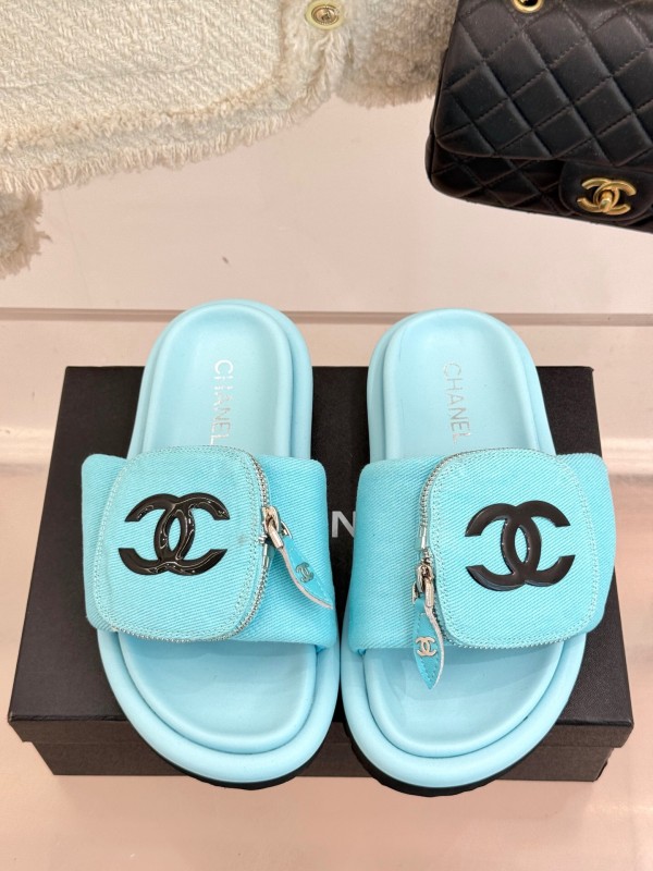 2025 Slippers Chanel Blue Fabric Slippers KFY00220