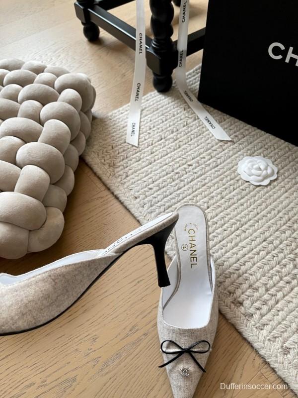 2025 Women Chanel Beige Fabric Pointed Toe Mules KFY00290