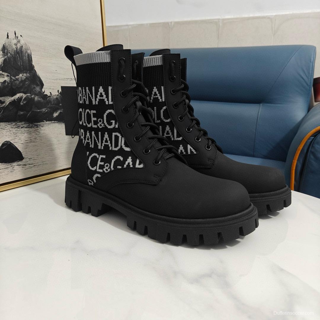 2024 Unisex Dolce & Gabbana Black Knit Leather Combat Boots MJ00390