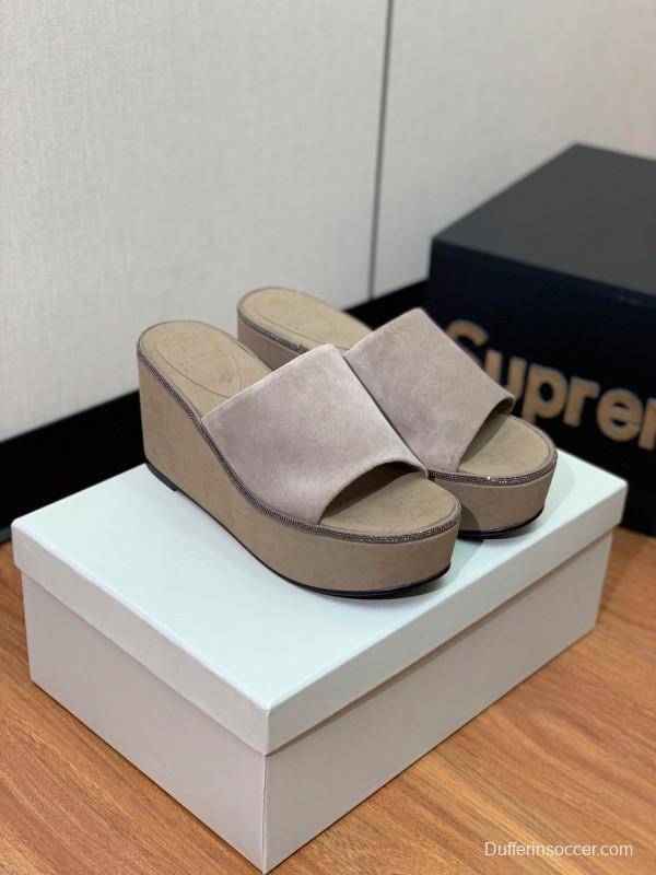 2025 Women BRUNELLO CUCINELLI Beige Suede Platform Slide Sandals Casual Handmade KFY00275 (F)