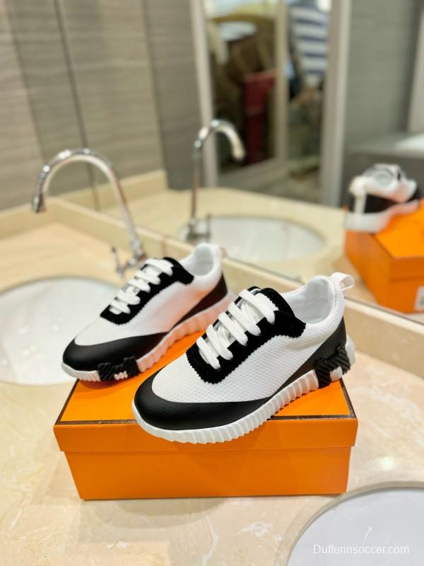2024 Unisex Hermès Black White Silk Leather Mesh Sneakers MJ00320
