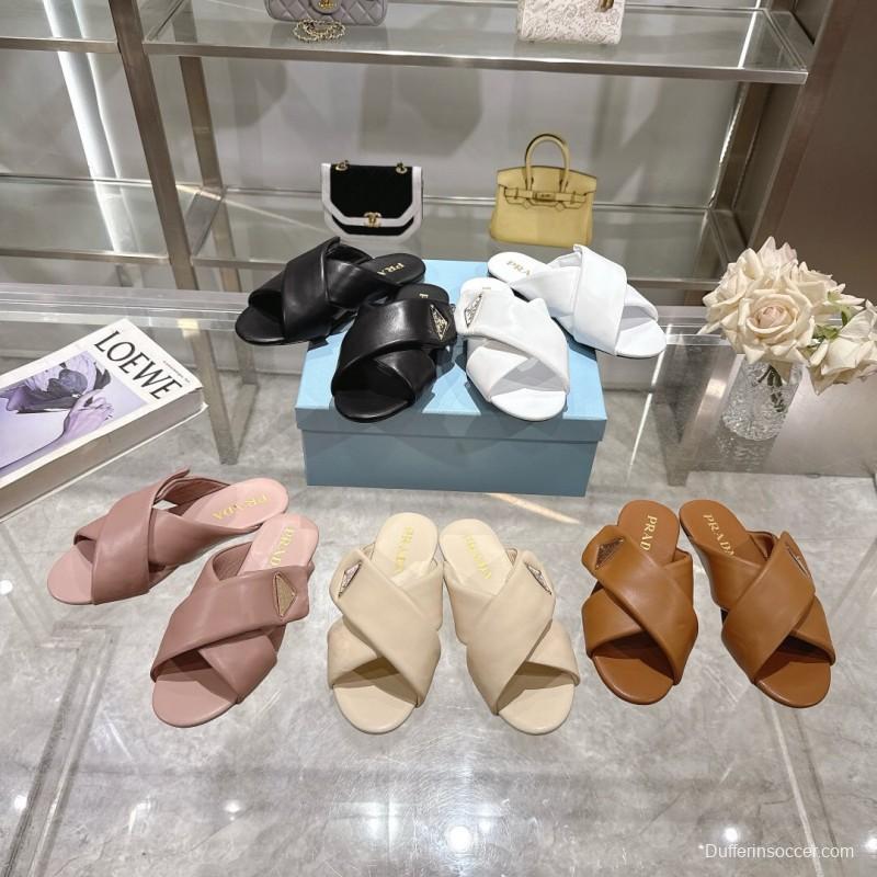 2025 Women Prada Brown Leather Slippers