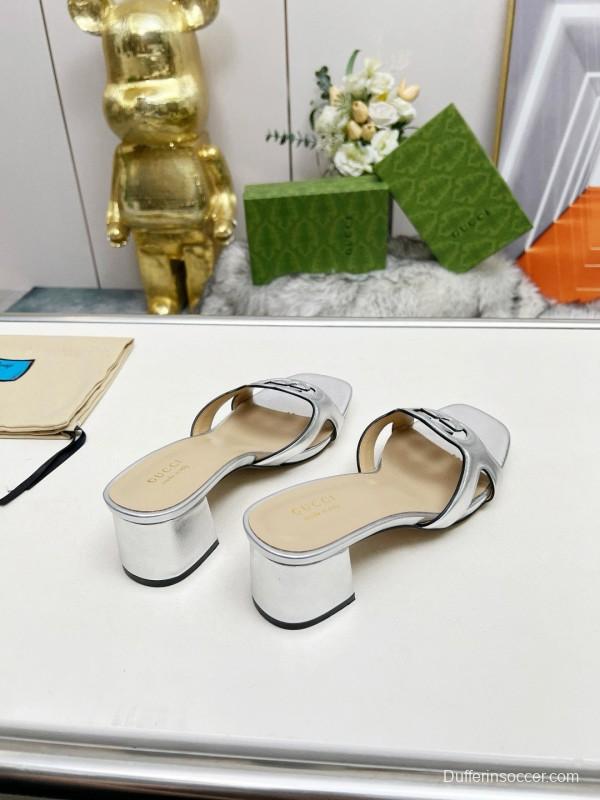2025 Gucci Silver Leather Slippers MJ00190