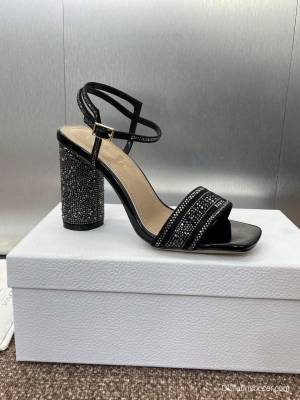 2025 Women Dior Black Patent Leather Crystal High Heel Sandals KFY00320
