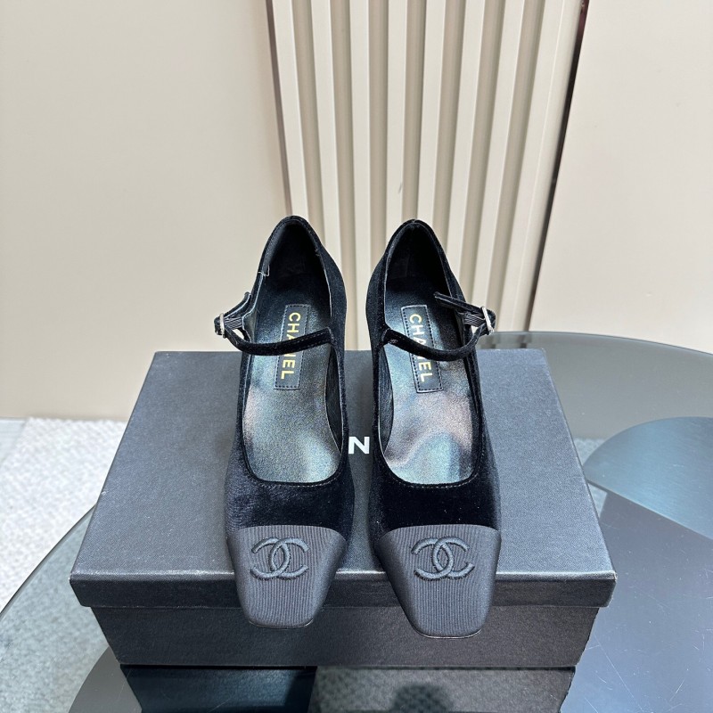 2025 Women Chanel Black Velvet Leather Mary Jane CC Logo KFY00290