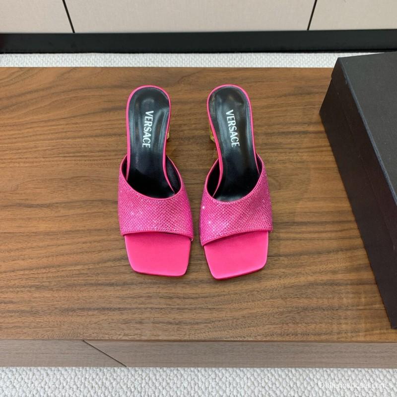 2025 Women VERSACE Pink Silk Leather Mules Crystal Embellishment KFY00300