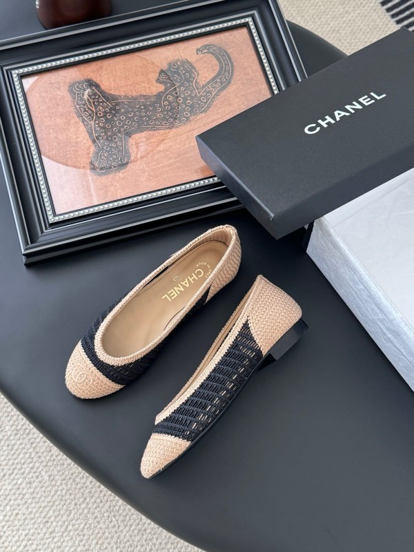 2025 Women Chanel Black Beige Knit Ballet Flats