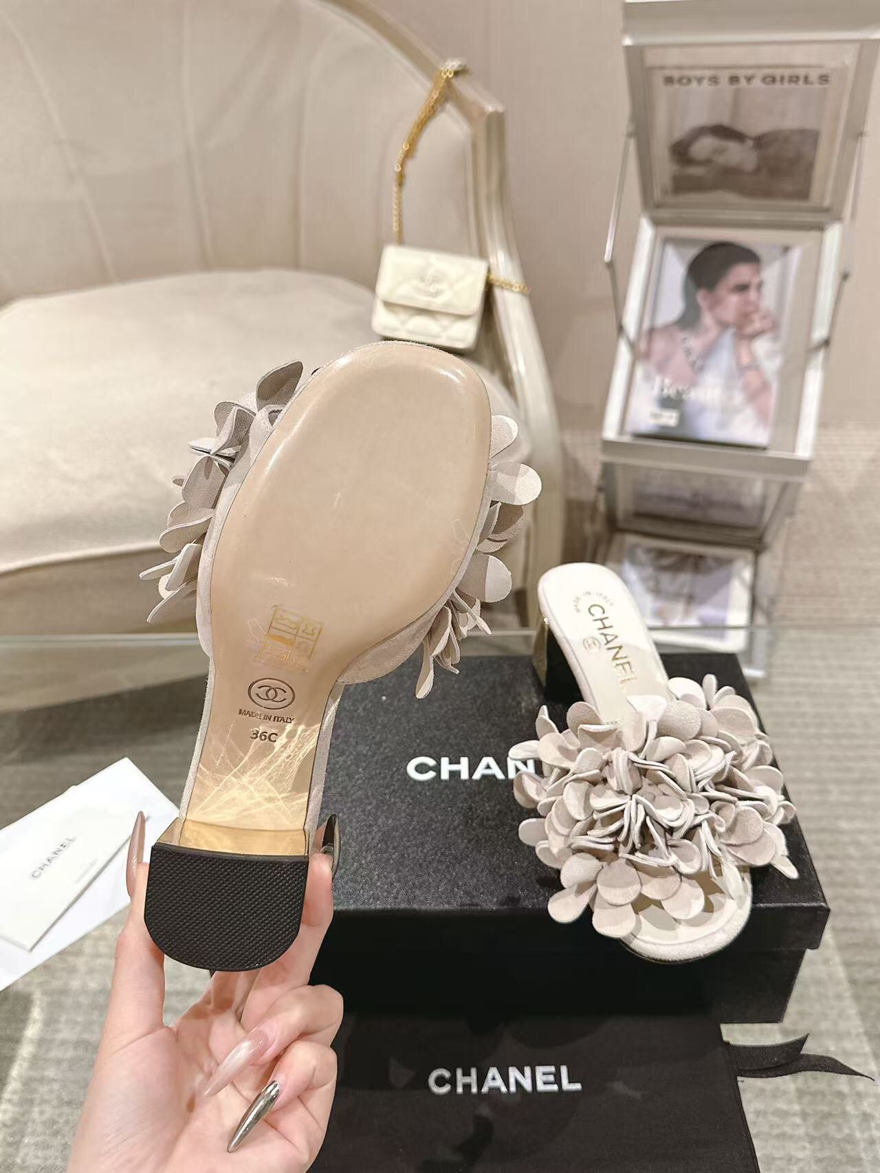2025 Women Chanel Beige Leather Mules Floral B2032-2