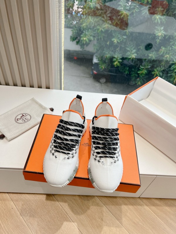 2024 Unisex Hermès White Black Orange Calfskin Suede Knit Sneakers MJ00290