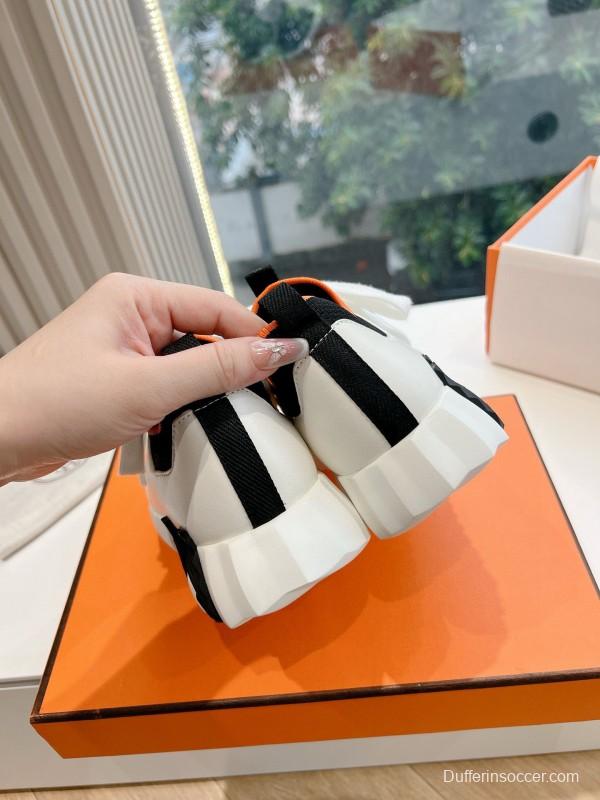 2024 Unisex Hermès Black White Orange Calf Leather Suede Knit Sneakers MJ00290
