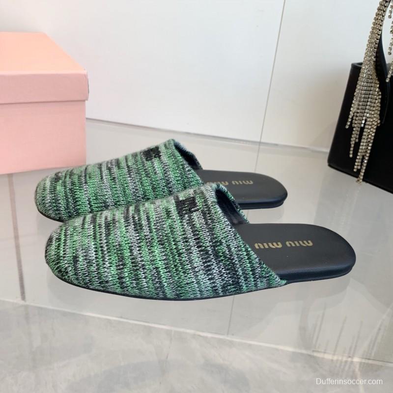 2025 Miu Miu Green Black Fabric Slippers