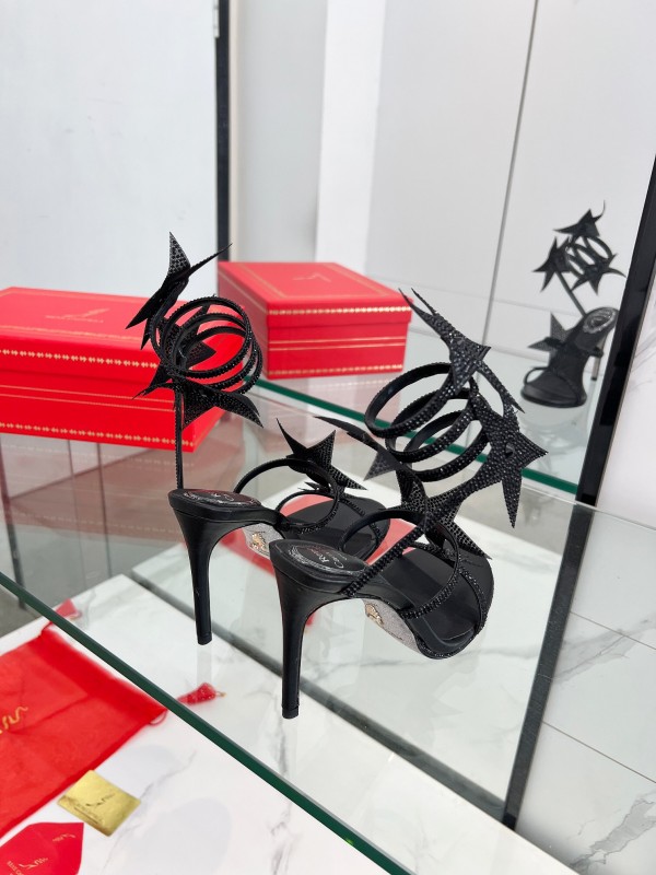 2025 Women RC Black Leather High Heel Sandal Star Detail LY00340