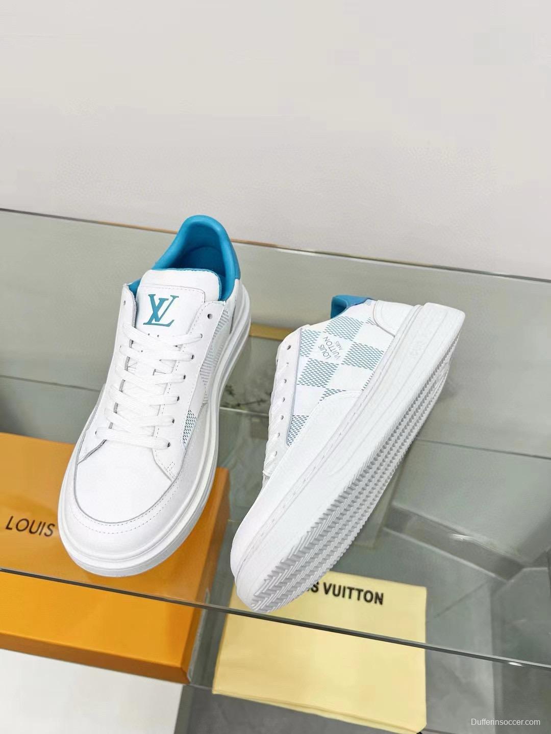 2024 Unisex Louis Vuitton White Blue Leather Sneakers Maxi Damier MJ00330