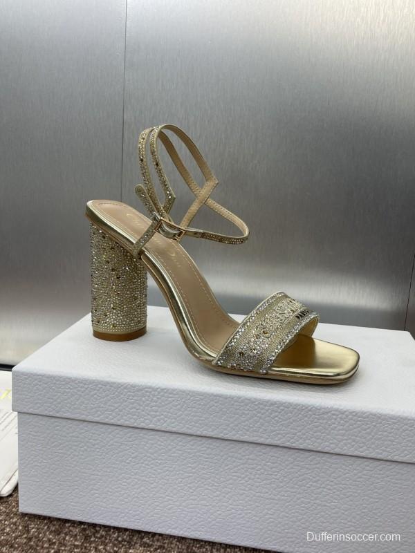 2025 Women Dior Gold Crystal Embellished Leather Sandals KFY00320