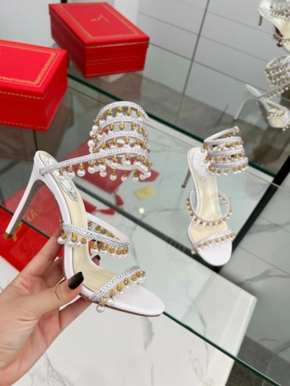 2025 Women RC White Crystal Pearl Leather High Heel Sandals LY00360