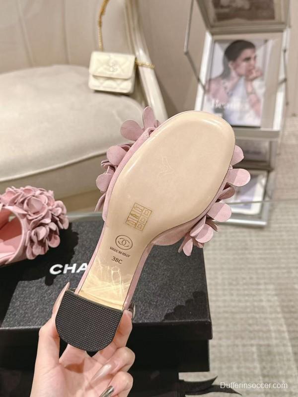 2025 Women Chanel Pink Suede Flower Mule