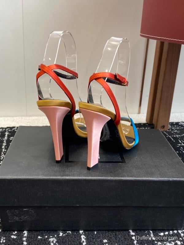 2025 Women Yves Saint Laurent Orange Black Blue Leather High Heel Sandals