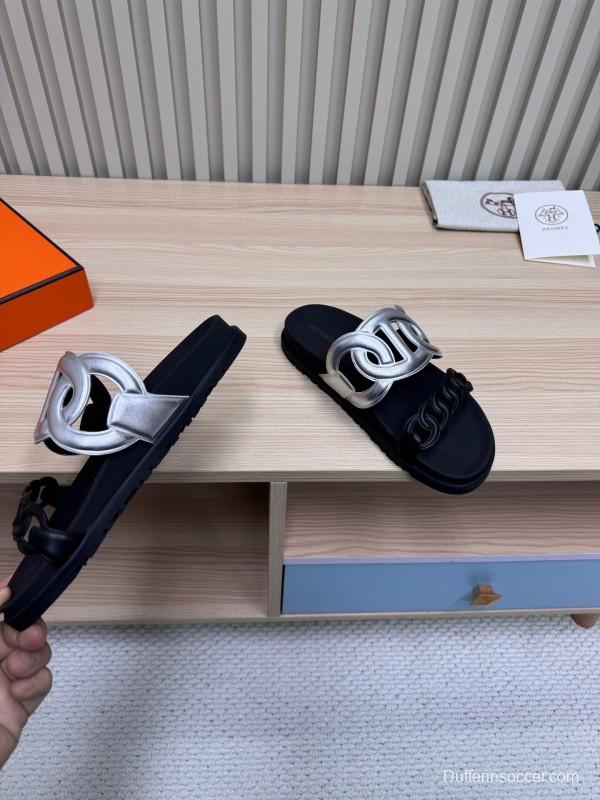 2025 Slippers Hermès Silver Black Leather Chain Decoration