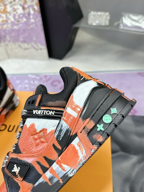 2024 Unisex Louis Vuitton Orange Black White Leather Denim Plimsolls Artist Hand-drawn MJ00780