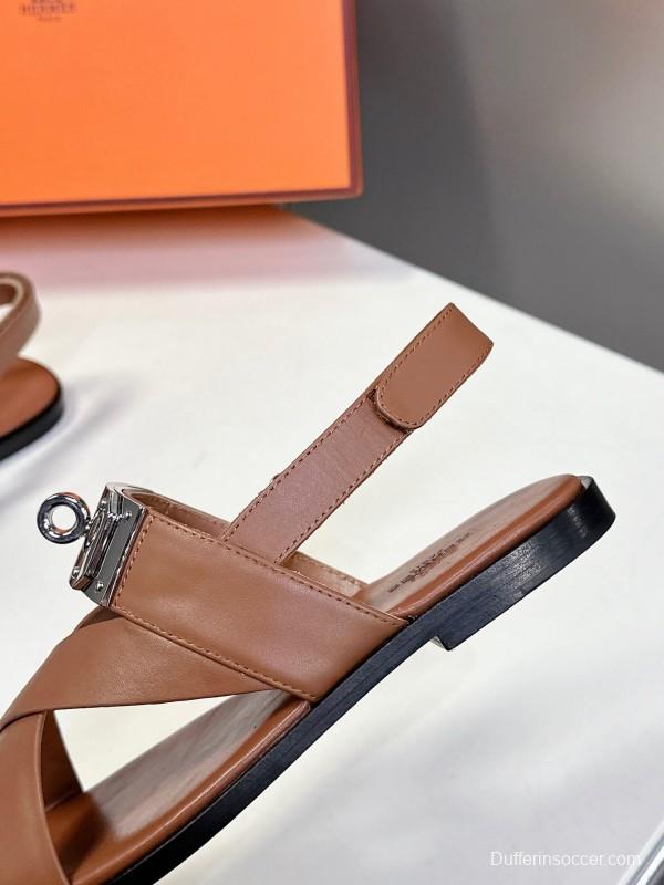 2025 Women Hermès Brown White Calfskin Leather Sandals Metal Hardware KFY00300