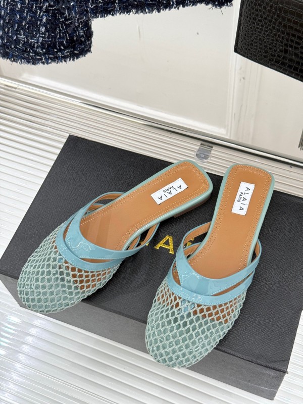 2025 Women AlAIA Light Blue White Leather Mesh Flat Slippers
