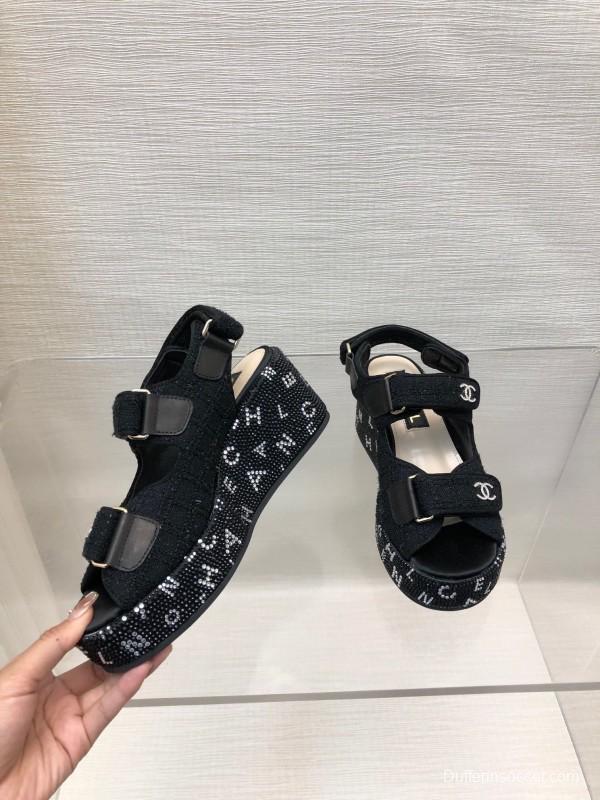 2025 Women Chanel Black Fabric Platform Sandals LY00330