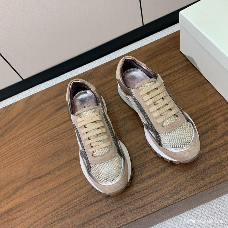 2025 Unisex Brunello Cucinelli Beige Black Mesh Suede Sneakers