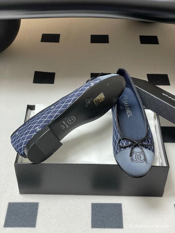 2025 Women Chanel Blue Denim Leather Ballet Flat