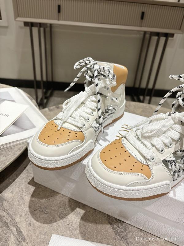 2025 Women Dior White Beige Leather Mesh High Top Sneakers