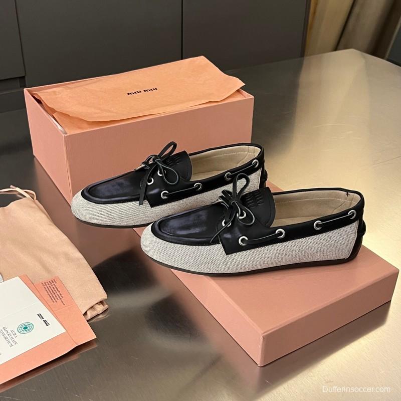2025 Women Miu Miu Black Beige Leather Fabric Loafers