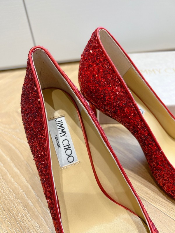 2025 Women Jimmy Choo Red Glitter Leather Pumps